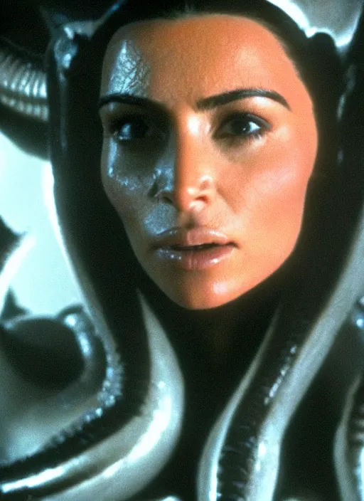 Prompt: movie still of kim kardashian looking up as she's being swallowed by an xenomorph, in the movie alien. goo, saliva, sweat, oily substances.