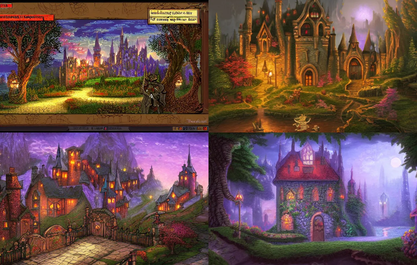 Prompt: a dark castle scene from a fantasy point and click 2 d graphic adventure game, art inspired by thomas kinkade, king's quest, sierra entertainment games