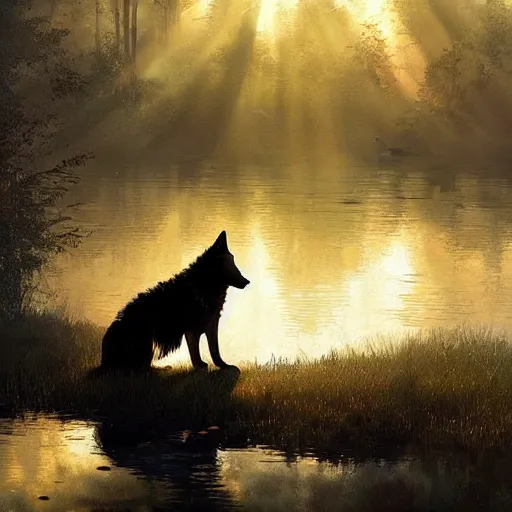 Image similar to A wolf sitting alone in a pond, golden sunlight, evening, beautiful, sad, artstation greg rutkowski