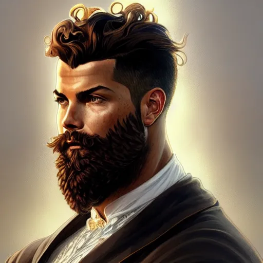 Image similar to Ronaldo with a majestic beard, closeup, D&D, fantasy, intricate, elegant, highly detailed, digital painting, artstation, concept art, matte, sharp focus, illustration, art by Artgerm and Greg Rutkowski and Alphonse Mucha