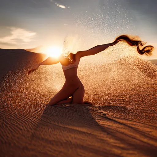 Prompt: filmstill photography of female body covered with curly white translucent blanket blowing in wind, acrylic liquid colors, luxurious supermodel photoshooting, golden jewelry, bokeh, godrays, strong wind, wrinkles, sunrays, sunset, lens flares, cold colors, sand dunes
