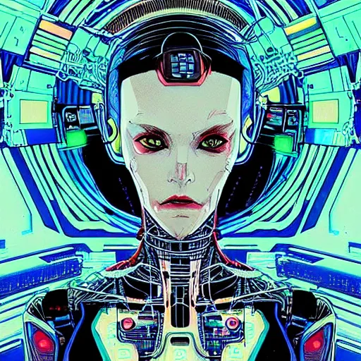 Image similar to a portrait of a beautiful cybernetic woman connected to a synthesizer from hell, wires, cyberpunk concept art by josan gonzales and philippe druillet