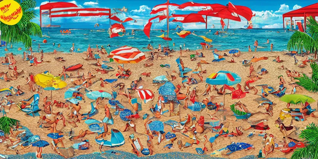 Image similar to an impossible Where’s Waldo puzzle, setting is the beach