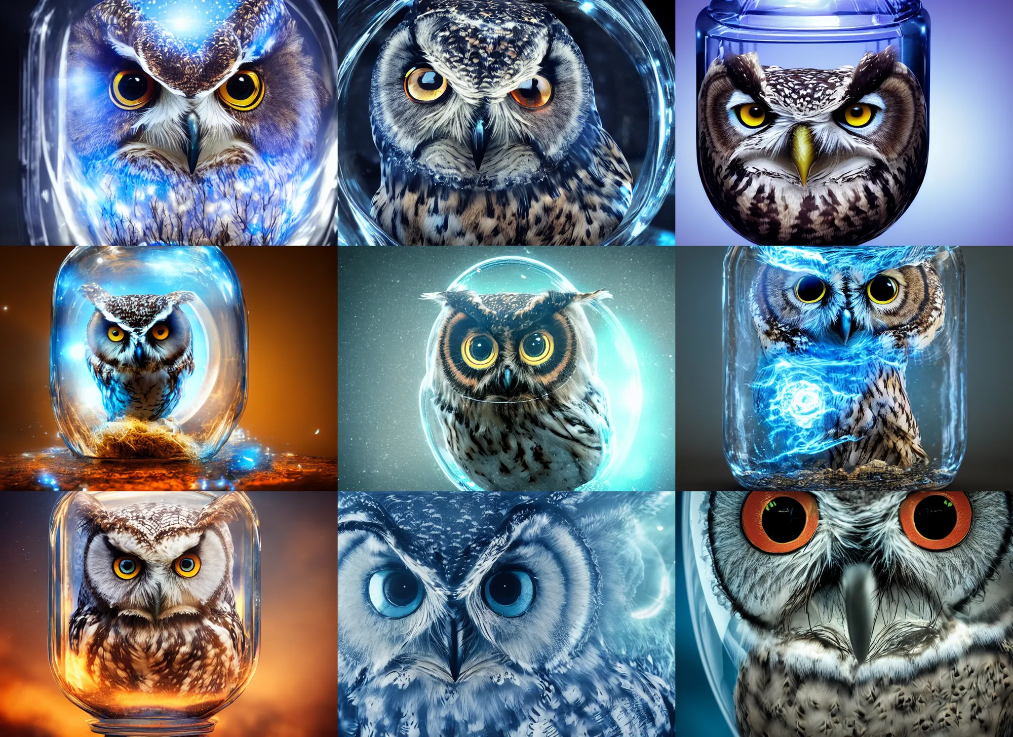 Prompt: photo face of an owl inside a glass jar, intricate detail, volumetric lighting, epic composition, hyper detailed, ultra realistic, sharp focus, octane render, volumetric, ray tracing, sense of awe, swirling mist, blue moon