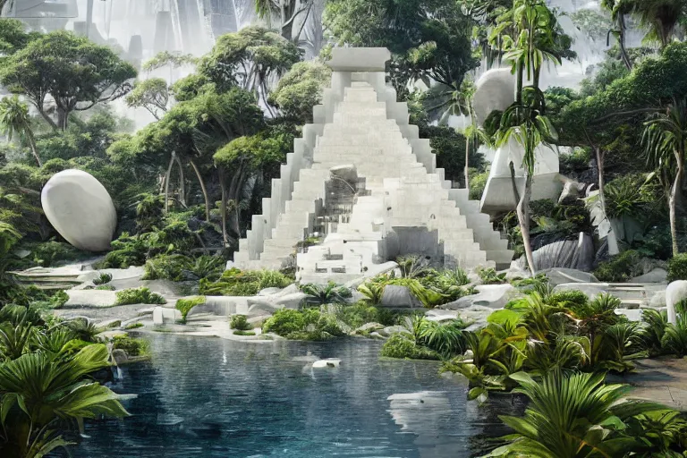 Prompt: brutalist futuristic white Aztec structures, manicured garden of eden, pools and streams, tropical foliage, birds, sculpture gardens, Spring, by Jessica Rossier and Brian Froud