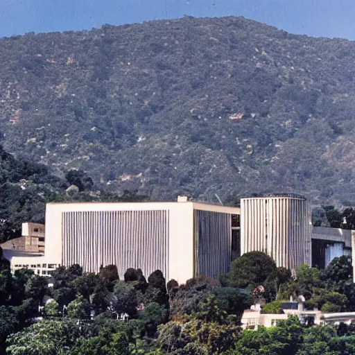 Prompt: the Beatles building viewed from the Mulholland road drive