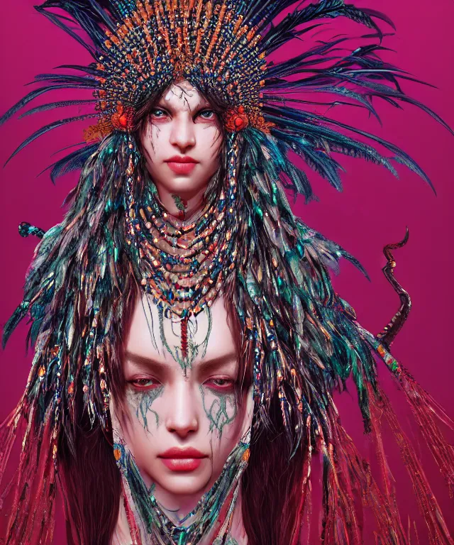 Image similar to a demon wearing beaded necklace and a feathered headdress, crisp 8 k line art, digital painting, artstation, unreal engine, octane render, emissive lighting, concept art, matte, sharp focus, hyper realistic lighting, illustration, art by junto ito and takato yamamoto and philippe druillet