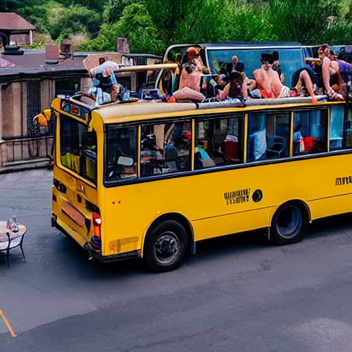 Image similar to A yellow bus, on top of the bus there is a pool and barbecue filled with people having a party, photograph