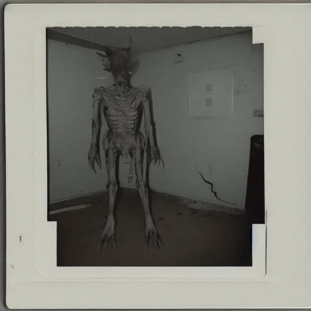 Image similar to found polaroid photo, flash, interior abandoned hospital, mutant creature standing