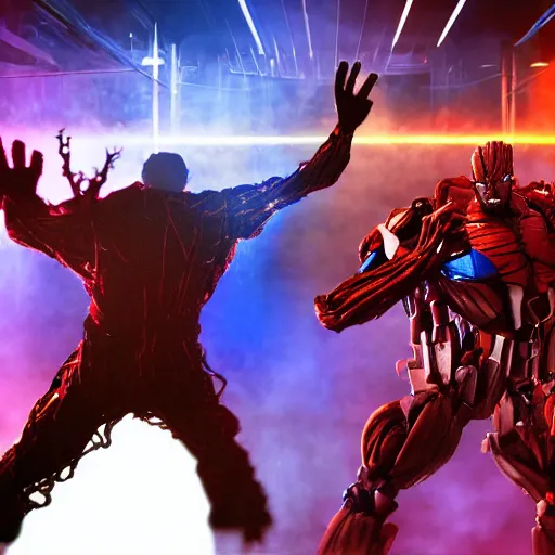 Image similar to groot and optimus prime dancing at techno party among people, wide shoot, after effect, ultra realistic 3 d