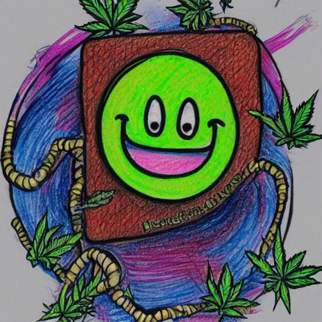 Image similar to cannabis smiley face cartoon, colored pencil illustration