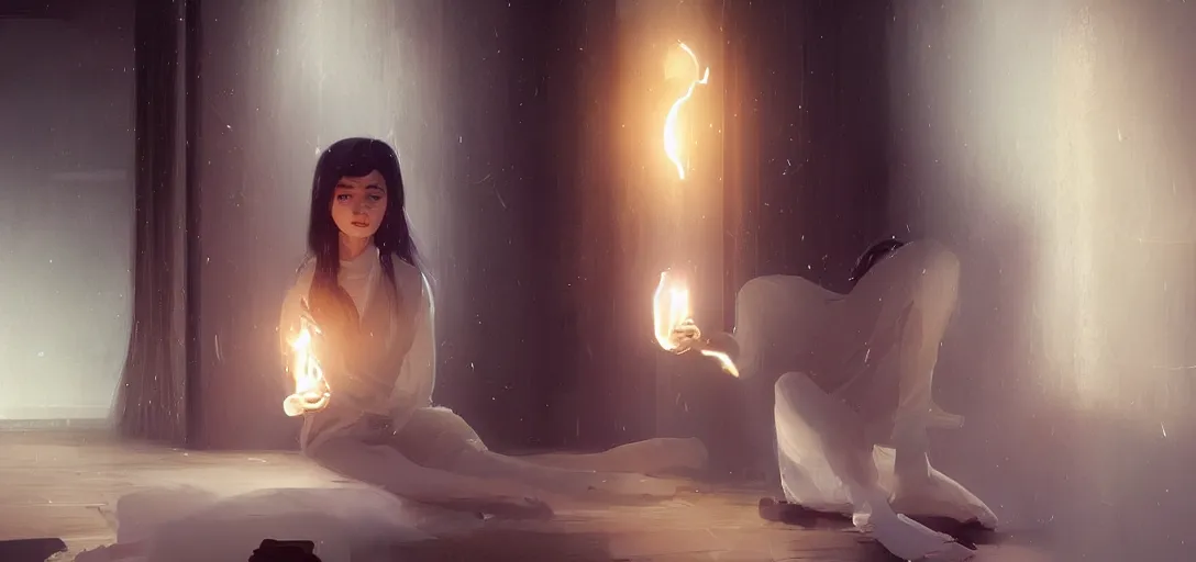 Image similar to Young Himalayan woman concerned in an empty room using psychic powers to make a lighter float| night time scene, plain walls |somber white eyes, long messy hair | gentle lighting, futuristic, dim lighting, digital art by Makoto Shinkai ilya kuvshinov and Wojtek Fus, digital art, concept art,