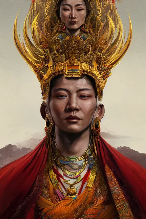 Prompt: Tibetan god, portrait, powerfull, intricate, elegant, volumetric lighting, scenery, digital painting, highly detailed, artstation, sharp focus, illustration, concept art, ruan jia, steve mccurry