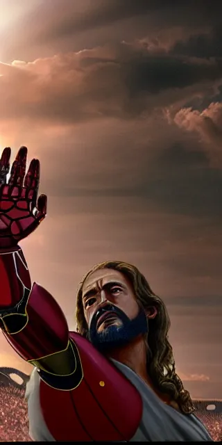 Prompt: full shot photograph of jesus christ being carried by iron man on doomsday, photorealistic, cinematic lighting, extremely detailed