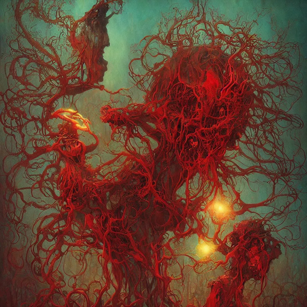 Image similar to colorful fungus monsters by beksinski and artgerm, red veins by alphonse mucha, intense lighting, light beams, lens flare, intricate, elegant, nightmare, highly detailed, digital painting, artstation, concept art, smooth, sharp focus, illustration