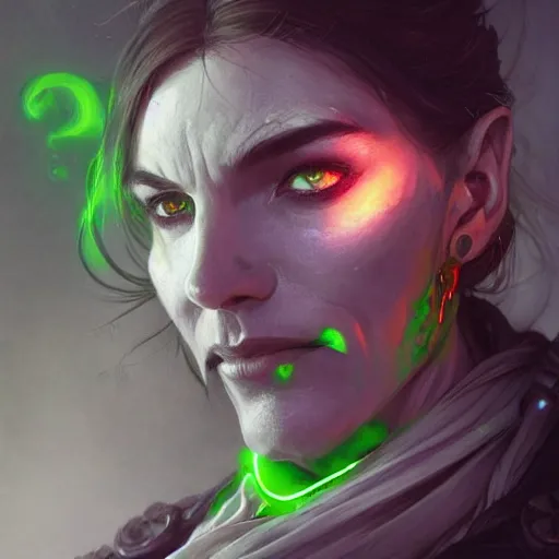 Prompt: portrait of a evil necromancer with green glowing eyes, D&D, fantasy, intricate, elegant, highly detailed, digital painting, artstation, concept art, smooth, sharp focus, illustration, art by artgerm and greg rutkowski and alphonse mucha