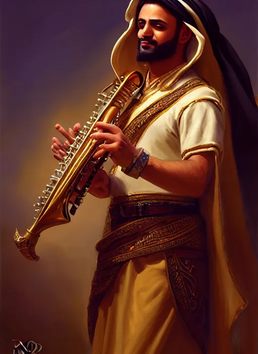 Image similar to a _ fantasy _ style _ portrait _ painting _ of arabian male charismatic bard playing instrument, rpg dnd oil _ painting _ unreal _ 5 _ daz. _ rpg _ portrait _ extremely _ detailed _ artgerm _ greg _ rutkowski _ greg