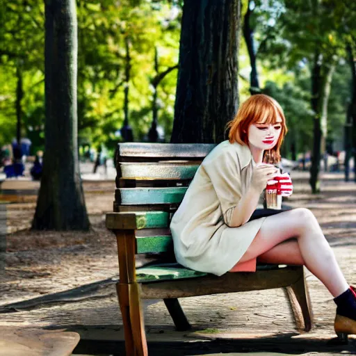 Image similar to Emma Stone sitting on a bench and drinking coffee in a park filled with trees, sharp focus, highly detailed, 4K, colorful, portrait photography, medium shot