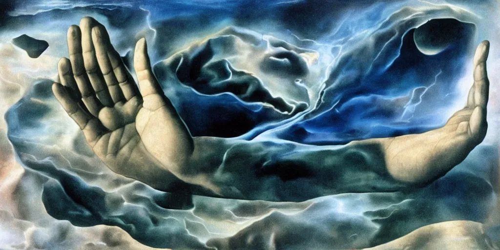 Prompt: hand of God in folded universe by Dali