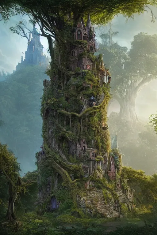 Image similar to fairy palace-castle, towers, gnarly trees, lush vegetation, forrest, landscape, raphael lacoste, eddie mendoza, alex ross, concept art, matte painting, highly detailed, rule of thirds, dynamic lighting, cinematic, detailed, denoised, centerd