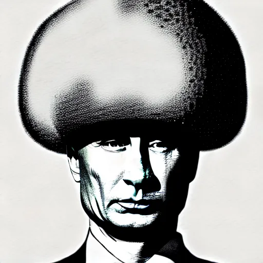 Image similar to vladimir putin wearing a nuclear mushroom cloud blast for a hat, cartoonish, ultra detailed pencil drawing, full perspective