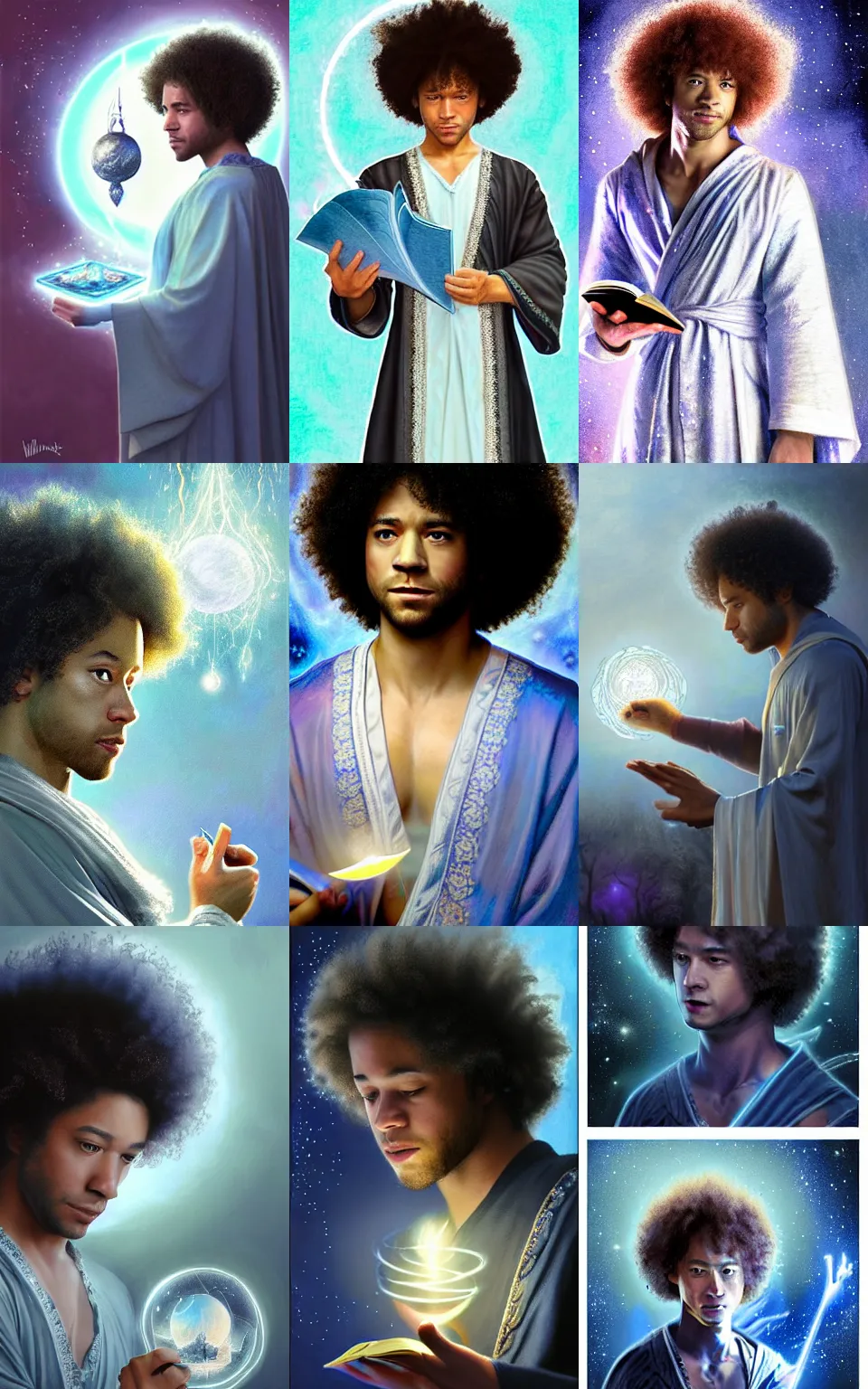 Prompt: character concept portrait of focused Corbin Bleu as wizard enchanting a miniature moon, a floating spell book in the center, intricate, moon-light glow, intricate silver-blue embroidered robes, elegant, digital painting, concept art, smooth, sharp focus, illustration, from Metal Gear, by Ruan Jia and Mandy Jurgens and William-Adolphe Bouguereau, Artgerm