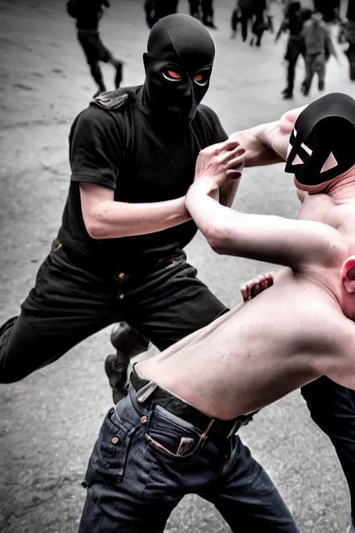 Prompt: nazi skinhead fight with masked antifa, high resolution, photorealistic, smooth, details, 4 k, aesthetic lighting, baroque object, sharp focus, hyperdetailed object, professional photography, pullitzer winning, 8 0 0 photo by : canon eos 5 d mark iv, by karah mew and adnan abidi and jodie bateman