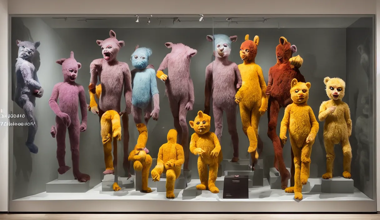 Prompt: diorama windowstore vitrine at the american museum of natural history, new york, of very realistic dissected teletubbies as furry animals, photography portrait aesthetic by guy bourdin, museum artifact