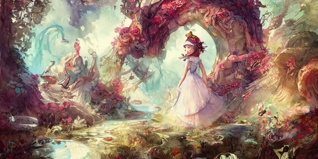 Prompt: a beautiful insanely intricate watercolor painting of alice in wonderland, reflexions, colorfull, by william turner art, by greg rutkowski, by james jean, by rossdraws, by frank franzzeta, by sakimichan, trending on artstation, insanely detailed illustration, masterpiece,