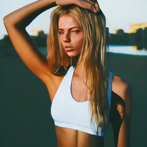 Prompt: realistic photoshooting for a new nike lookbook, color film photography, portrait of a beautiful blonde woman, in style of Davey Adesida, 35mm, film photo