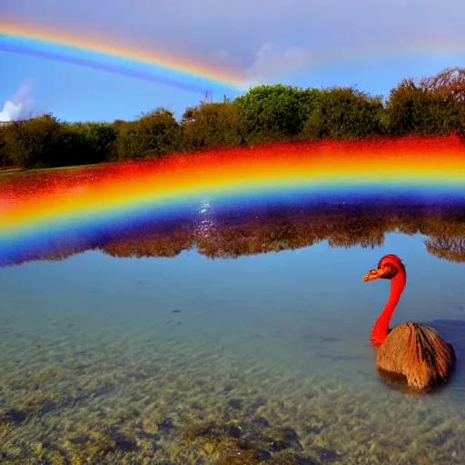 Prompt: a picture of a red ostrich bathing in shallow water with a rainbow in the background