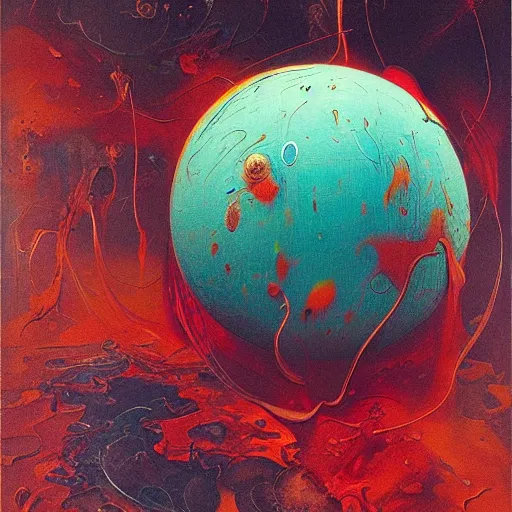 Image similar to a sphere being devoured by abstract splatters of paint in the style of francis bacon, venus being engulfed in flames in the style of james jean, surreal, beksinski, high detailed