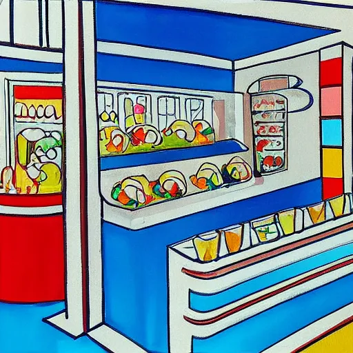 Prompt: ice cream store by alvar aalto, colorful, sketch