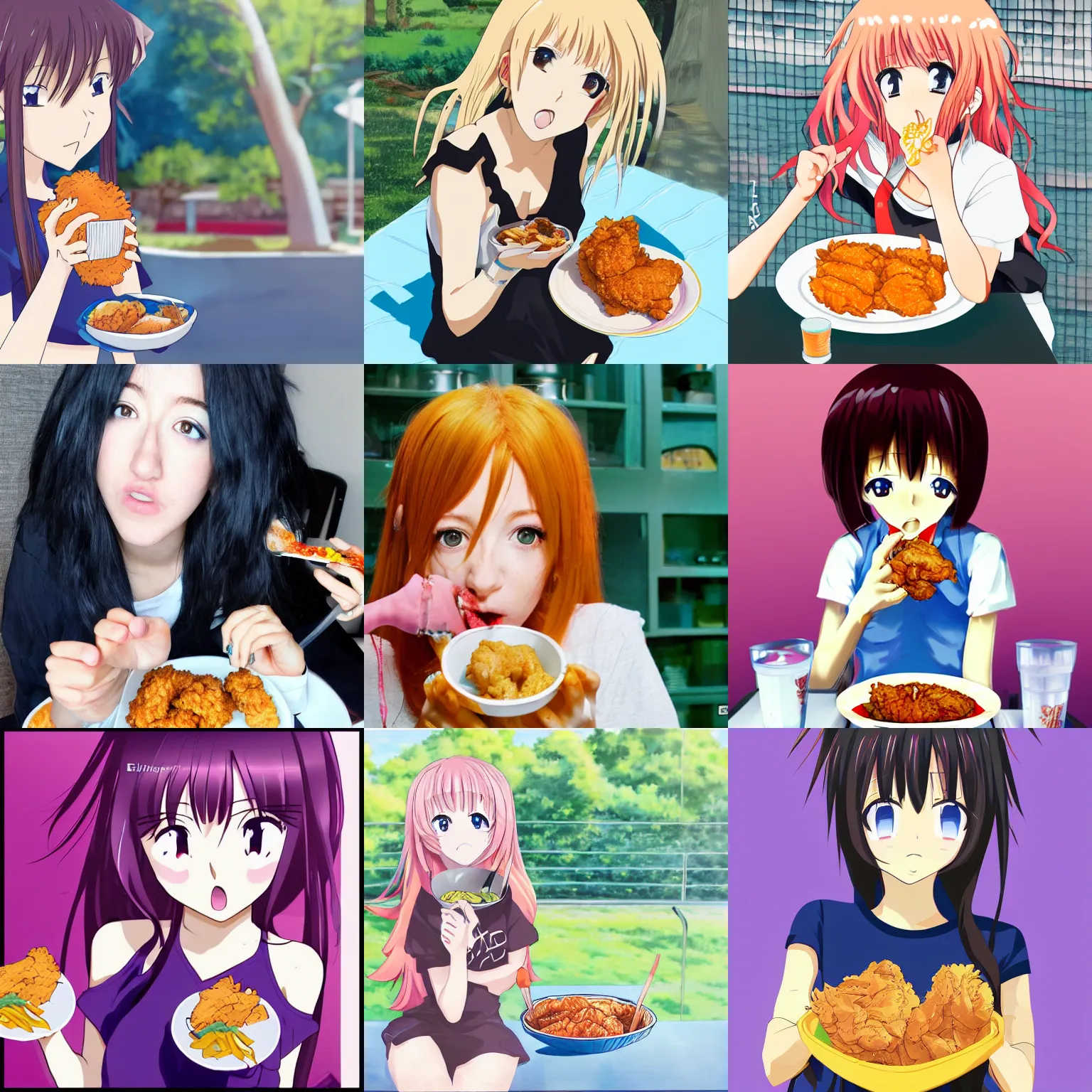 Prompt: anime girl eating fried chicken by ellie goulding