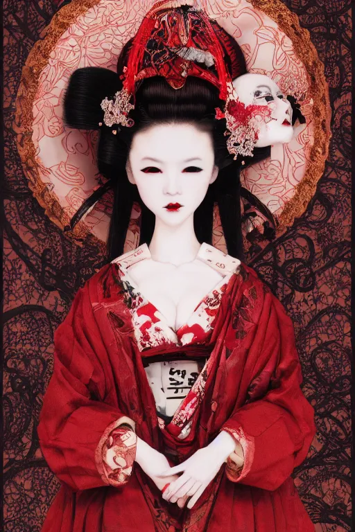 Image similar to avant - garde japanese bjd geisha vampire queen in victorian red dress in the style of dark - fantasy lolita fashion painted by yoshitaka amano, takato yamamoto, james jean, dmt art, symmetrical vogue face portrait, volumetrics, intricate detail, artstation, cgsociety, artgerm, gold skulls, rococo