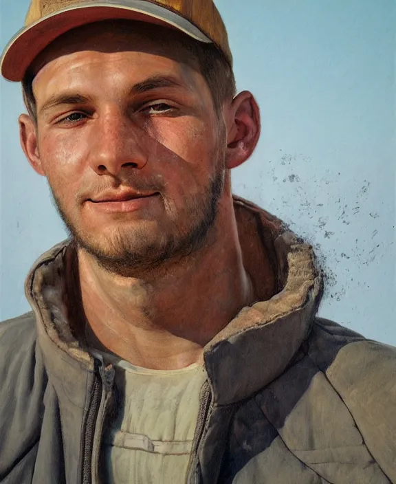 Image similar to portrait of a handsome young ohio farmer, art by denys tsiperko and bogdan rezunenko, hyperrealism