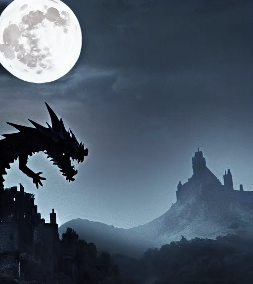 Image similar to a dragon silhouette crossing the full moon at night, with dark castle in foreground, cinematic frame by steven spielberg, game of thrones, hd