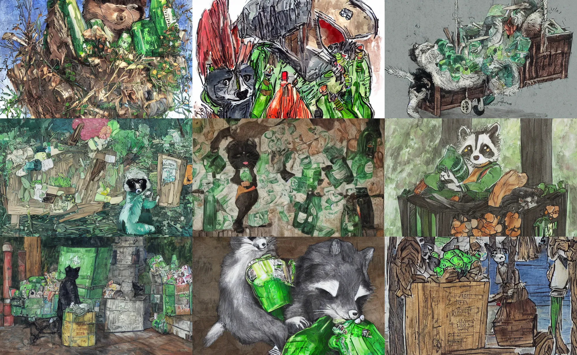 Prompt: an illustration of a racoon carrying a crate full of green beer bottles very cute by cornelia li