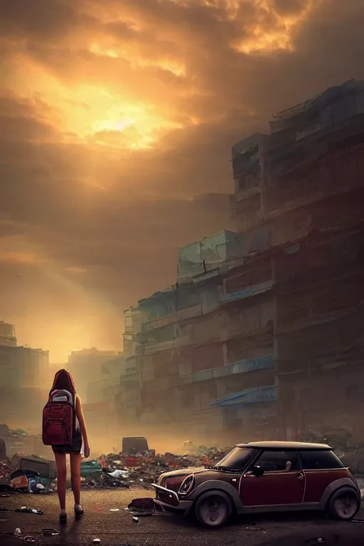 Image similar to young woman in mini short with backpack looking at food at garbage dump, destroyed cars, city is pure wasteland, moody sunset background, rays of sunlights, ( ( ( rainbow ) ) ), high details, sharp, photorealism, cinematic, greg rutkowski, artgerm, unreal engine, highly detailed