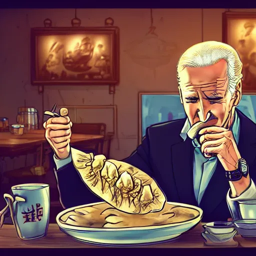 Image similar to happy biden eats dumplings, concept art, trending on artstation, highly detailed, intricate, sharp focus, digital art, 8 k