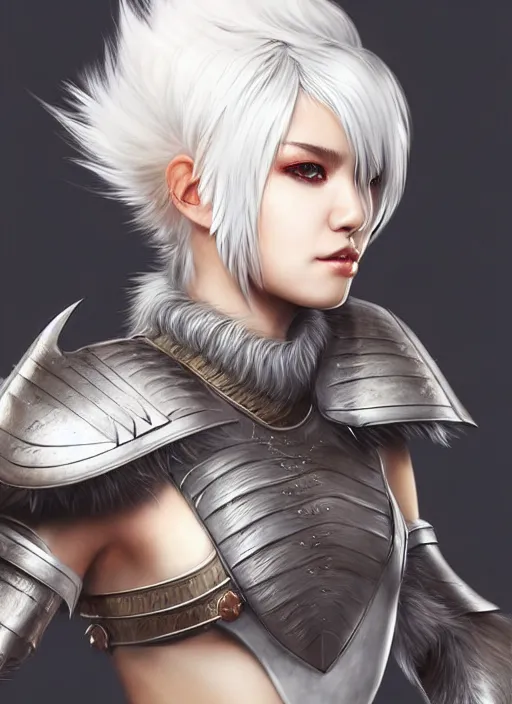 Image similar to warrior, fur - lined leather armor!!! beautiful and elegant white hair female!! gorgeous ayes!! character concept art, sharp focus, octane render! unreal engine 5! highly rendered!! trending on artstation!! detailed linework!! illustration by artgerm, wlop, and chie yoshii