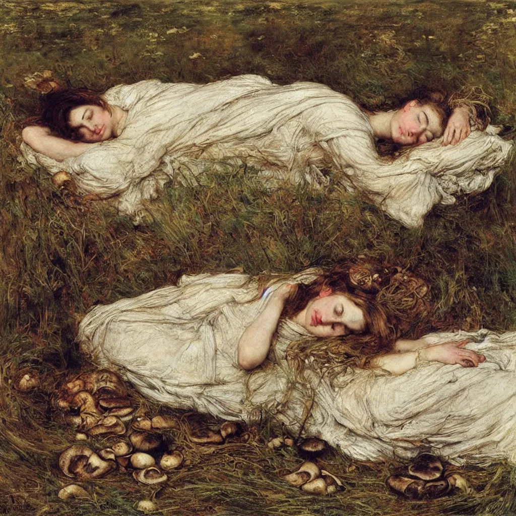 Prompt: pretty sleeping woman with mushrooms as camouflage, by john everett millais