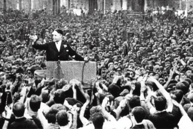 Image similar to Adolf Hitler giving speech to crowd of minions