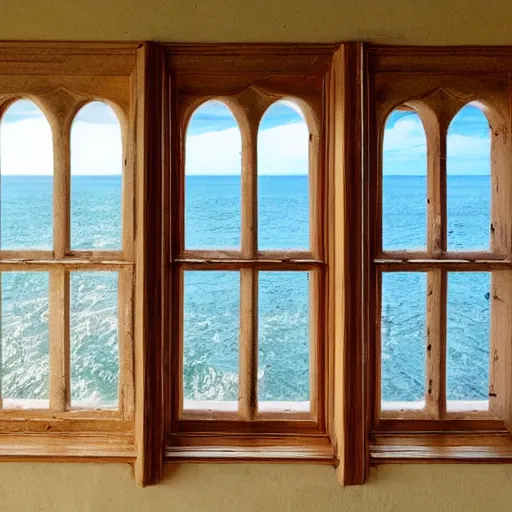 Image similar to a mullioned window through which you can see the sea with big shark fins