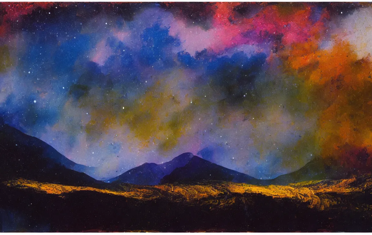 Prompt: Realist colorful impasto painting of the Salmon River mountain valley at midnight by John Harris, stars and nebulae in the inky black sky reflect on the darkest blue river surface, 4k scan, very beautiful, oil on canvas, diagonal brushstrokes