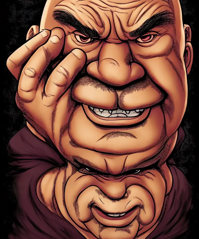 Image similar to a ( fantasy comic ) ( cover art ) portrait of a drunken dwarf monk who looks like ( danny devito in taxi ), digital illustration by jenny frison and sana takeda and kentaro miura, fine inking lines, dnd, highly detailed!, hd, 4 k, trending on artstation