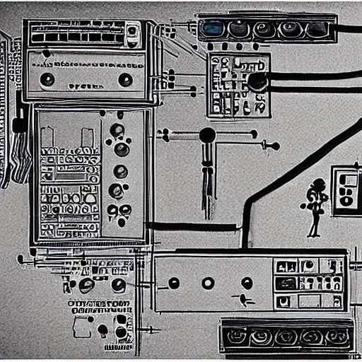 Prompt: a schematics of a modular synthesizer, cave painting, musical,