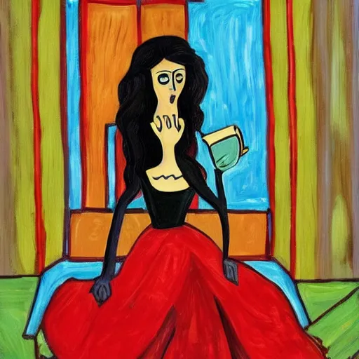 Prompt: painting, expressionist, of a single young girl, alone, with no one else around, sitting alone on her ornate throne, in a black and dark red dress, drinking coffee. she has long dark hair, blue eyes, two arms, two legs, one torso and one head.