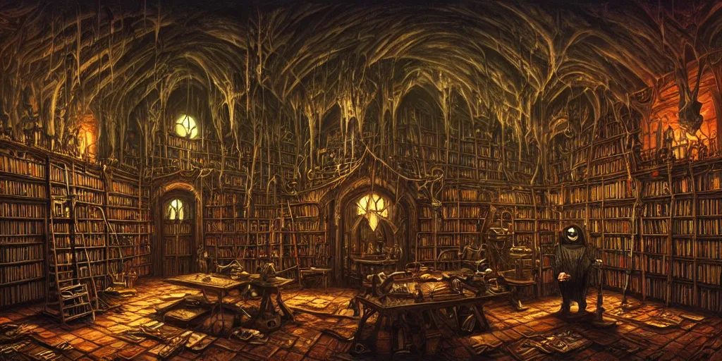 Prompt: dark sinister vampire lair interior by Jacek Yerka, library, adventure game, inspired by Diablo concept art