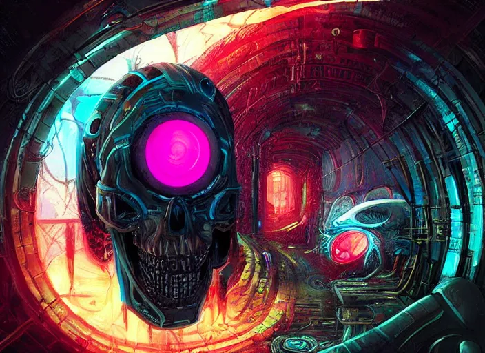 Prompt: a futuristic skull with glowing eyes and a wormhole tunnel, cyberpunk art by android jones